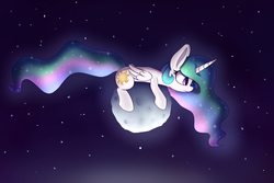 Size: 1280x853 | Tagged: safe, artist:heir-of-rick, princess celestia, princess luna, alicorn, pony, g4, female, macro, micro, moon, pony bigger than a planet, prone, size difference, solo, space, tangible heavenly object