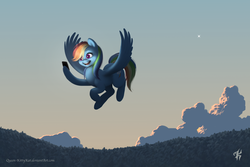 Size: 3000x2000 | Tagged: safe, artist:katputze, rainbow dash, pegasus, pony, g4, backwards cutie mark, cellphone, cloud, cute, dashabetes, female, flying, high res, mare, multicolored hair, open mouth, phone, selfie, sky, smartphone, solo, spread wings, sunset, uncanny valley, wings