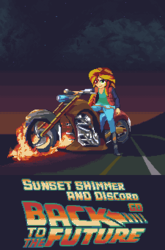 Size: 225x340 | Tagged: safe, artist:zedotagger, discord, sunset shimmer, fanfic:sunset shimmer and discord go back to the future, equestria girls, g4, back to the future, crossover, fanfic, fanfic art, fanfic cover, fire, marty mcfly, motorcycle, pixel art