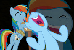 Size: 1605x1080 | Tagged: safe, rainbow dash, g4, laughing, laughing tom cruise, meme, multeity, nose in the air, simple background