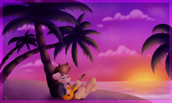 Size: 2000x1200 | Tagged: safe, artist:spirit-dude, oc, oc only, oc:jim jam, earth pony, pony, acoustic guitar, beach, guitar, musical instrument, palm tree, relaxing, smiling, solo, stars, sunset, tree, water