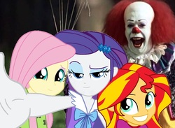 Size: 745x545 | Tagged: safe, artist:avispaneitor, edit, screencap, fluttershy, rarity, sunset shimmer, equestria girls, g4, my little pony equestria girls: rainbow rocks, clown, it, parody, pennywise