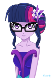 Size: 1094x1610 | Tagged: safe, artist:lovelygirlmusicer, sci-twi, twilight sparkle, equestria girls, g4, my little pony equestria girls: legend of everfree, clothes, crystal gala, crystal gala dress, dress, female, flower, flower in hair, glasses, heart eyes, simple background, smiling, solo, white background, wingding eyes