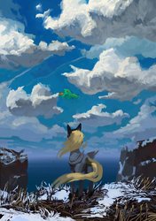 Size: 699x992 | Tagged: source needed, safe, artist:quiet-victories, derpy hooves, pegasus, pony, g4, cloud, female, futurama, looking away, looking up, male, mare, ocean, rear view, scenery, sky, solo, spaceship, windswept mane