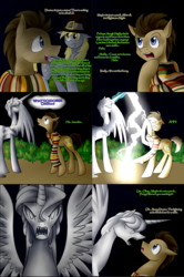 Size: 1502x2261 | Tagged: safe, artist:cosmalumi, derpy hooves, doctor whooves, nightmare moon, time turner, alicorn, earth pony, pegasus, pony, tumblr:ask queen moon, g4, clothes, comic, costume, doctor who, nightmare night, statue, the doctor, weeping angel
