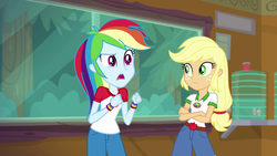 Size: 1280x720 | Tagged: safe, screencap, applejack, rainbow dash, equestria girls, g4, my little pony equestria girls: legend of everfree, apple, camp everfree outfits, crossed arms, cup, female, freckles, indoors, open mouth, tree, wristband