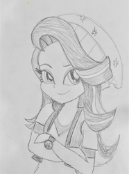 Size: 640x858 | Tagged: safe, artist:djzapapple, starlight glimmer, equestria girls, equestria girls specials, g4, my little pony equestria girls: mirror magic, beanie, clothes, crossed arms, female, hat, monochrome, sketch, smiling, solo, traditional art, watch
