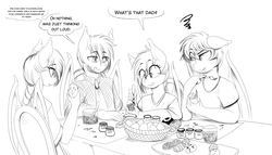Size: 2100x1200 | Tagged: safe, artist:replica, oc, oc only, oc:nectarine wynne, oc:nightseeker, oc:nolegs, oc:vigil, bat pony, anthro, anthro oc, chair, dialogue, easter, easter egg, family, female, grayscale, lampshade hanging, licking, licking lips, lineart, loss (meme), male, mare, monochrome, painting, raised eyebrow, sitting, sketch, smiling, speech bubble, stallion, table, tongue out, wygil