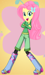 Size: 330x546 | Tagged: safe, artist:kimpossiblelove, fluttershy, equestria girls, g4, boots, clothes, crossed arms, cutie mark, female, high heel boots, looking at you, open mouth, shorts, solo