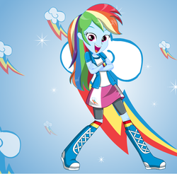 Size: 612x601 | Tagged: safe, artist:kimpossiblelove, rainbow dash, equestria girls, g4, boots, clothes, compression shorts, crossed arms, cute, cutie mark, female, looking at you, open mouth, skirt, socks, solo, wristband
