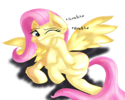Size: 2500x2000 | Tagged: safe, artist:katakiuchi4u, fluttershy, g4, behaving like a cat, female, high res, lying down, on side, one eye closed, scratching, simple background, solo, spread wings, transparent background, wings