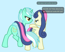 Size: 756x598 | Tagged: artist needed, safe, artist:anonymous, bon bon, lyra heartstrings, sweetie drops, earth pony, pony, unicorn, g4, 4chan, angry, bon bon is not amused, butt, dialogue, drawthread, duo, eye contact, female, frown, intertwined tails, looking at each other, lyra is not amused, mare, plot, simple background, unamused