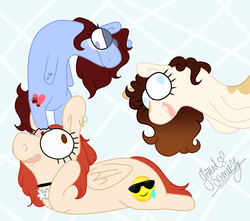 Size: 1024x905 | Tagged: safe, artist:grilledschmeeze, oc, oc only, oc:charlie, oc:haizzey comette, oc:maizzey starr, angry, brown hair, choker, group photo, piercing, red hair