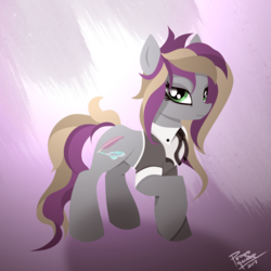 Size: 1250x1250 | Tagged: safe, artist:pedrohander, oc, oc only, oc:allegoria, earth pony, pony, abstract background, clothes, cutie mark, female, mare, necktie, purple background, reference sheet, shirt, vest