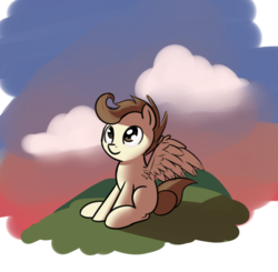 Size: 1280x1253 | Tagged: safe, artist:neuro, pound cake, pegasus, pony, g4, colt, cute, male, older, sitting, solo, spread wings, sunset, wings