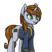 Size: 172x174 | Tagged: safe, artist:shydale, oc, oc only, oc:littlepip, pony, unicorn, fallout equestria, :p, clothes, cute, fallout, fanfic, fanfic art, female, flockmod, jumpsuit, mare, picture for breezies, pipbuck, silly, simple background, solo, tongue out, vault suit, white background