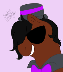 Size: 1024x1164 | Tagged: safe, artist:grilledschmeeze, oc, oc only, oc:sharpay, bow, brown, hat, purple, solo, sunglasses, top hat