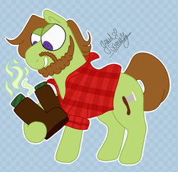 Size: 1024x986 | Tagged: safe, artist:grilledschmeeze, oc, oc only, oc:lumber jack, axe, beard, boots, brown hair, commission, facial hair, lumberjack, plaid, smelly, solo, swirly eyes, weapon
