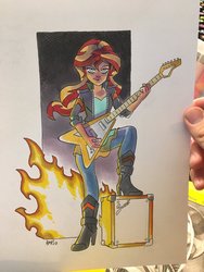 Size: 900x1200 | Tagged: safe, artist:tony fleecs, sunset shimmer, equestria girls, g4, amplifier, badass, boots, clothes, electric guitar, fiery shimmer, fire, flying v, guitar, heavy metal, high heel boots, jacket, leather jacket, leggings, looking at you, musical instrument, raised leg, rock (music), sunset shredder, traditional art