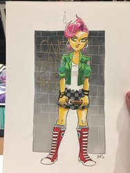 Size: 900x1200 | Tagged: safe, artist:tony fleecs, babs seed, equestria girls, g4, clothes, converse, cute, female, ponytail, shoes, skirt, socks, solo, thighs, traditional art