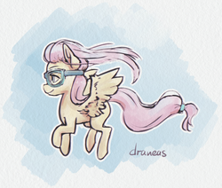 Size: 1296x1101 | Tagged: safe, artist:draneas, fluttershy, g4, female, flying, goggles, profile, solo, spread wings, wings