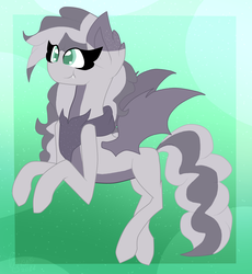 Size: 1458x1585 | Tagged: safe, artist:tizhonolulu, oc, oc only, abstract background, art trade, bat wings, full body, green background, green eyes, grey hair, solo