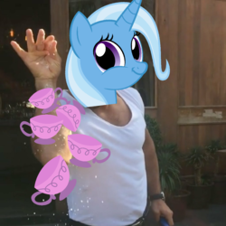 Size: 1079x1079 | Tagged: safe, trixie, pony, unicorn, all bottled up, g4, cup, faic, female, mare, salt bae, smirk, teacup, that pony sure does love teacups, twiface