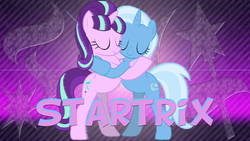 Size: 1920x1080 | Tagged: safe, starlight glimmer, trixie, pony, unicorn, all bottled up, g4, female, hug, lesbian, mare, ship:startrix, shipping, text, wallpaper