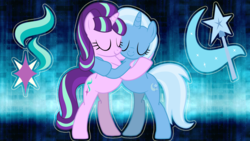 Size: 1920x1080 | Tagged: safe, starlight glimmer, trixie, pony, unicorn, all bottled up, g4, female, hug, mare, wallpaper