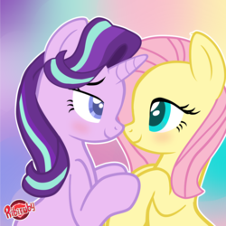 Size: 1280x1280 | Tagged: safe, artist:ribiruby, fluttershy, starlight glimmer, pegasus, pony, unicorn, g4, blushing, colored pupils, female, lesbian, looking at each other, mare, ship:glimmershy, shipping, smiling