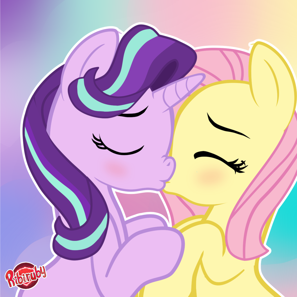 1414796 - alternate version, artist:ribiruby, blushing, eyes closed,  female, fluttershy, glimmershy, kissing, lesbian, mare, pegasus, pony,  safe, shipping, starlight glimmer, unicorn - Derpibooru