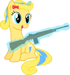 Size: 1024x1095 | Tagged: safe, artist:jeremeymcdude, edit, oc, oc only, oc:honey spark, g4, bow, gun, happy because she own a fantastic american-made firearm, m14, rifle, show accurate, simple background, solo, transparent background, vector, weapon