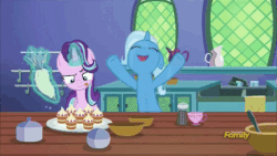 Size: 480x270 | Tagged: safe, screencap, starlight glimmer, trixie, pony, all bottled up, animated, cute, diatrixes, discovery family logo, female, food, frosting, gif, hape, hug, icing bag, teacakes