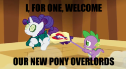 Size: 629x345 | Tagged: safe, edit, edited screencap, screencap, rarity, spike, dragon, g4, green isn't your color, cucumber, fan, food, i for one welcome our new overlords, image macro, kent brockman, meme, prone, relaxing, seaweed, seaweed wrap, smiling