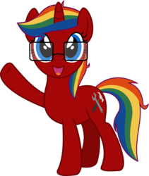 Size: 1024x1215 | Tagged: safe, artist:jeremeymcdude, oc, oc only, oc:skittle sweet, pony, unicorn, g4, glasses, looking at you, open mouth, rainbow hair, show accurate, simple background, smiling, solo, transparent background, vector, waving