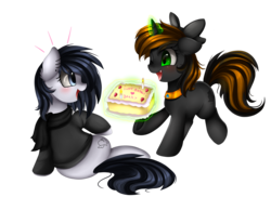 Size: 3509x2550 | Tagged: safe, artist:pridark, oc, oc only, earth pony, pony, unicorn, bow, cake, clothes, commission, duo, female, food, glowing horn, hair bow, high res, horn, magic, mare, one eye closed, open mouth, simple background, smiling, sweater, transparent background