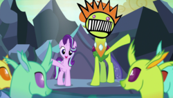 Size: 1098x623 | Tagged: safe, edit, edited screencap, screencap, clypeus, cornicle, lokiax, soupling, starlight glimmer, thorax, changedling, changeling, celestial advice, g4, boognish, king thorax, ween