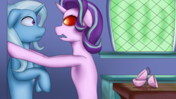 Size: 1920x1080 | Tagged: safe, artist:xhardwirex, starlight glimmer, trixie, pony, unicorn, all bottled up, g4, cup, duo, female, mare, open mouth, red eyes, teacup