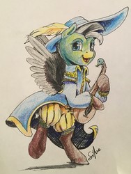 Size: 2528x3370 | Tagged: safe, artist:silfoe, oc, oc only, oc:duk, duck pony, bard, colored pencil drawing, dungeons and dragons, fantasy class, high res, lute, musical instrument, solo, traditional art