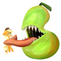 Size: 1861x1861 | Tagged: safe, artist:lixthefork, applejack, earth pony, pony, g4, biting pear of salamanca, drool, drool string, ears back, female, frown, gritted teeth, imminent vore, lidded eyes, lolwut, long tongue, mare, open mouth, prehensile tongue, restrained, scared, sharp teeth, simple background, teeth, tongue out, transparent background, wat, wide eyes