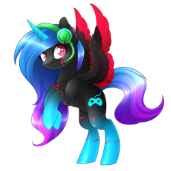Size: 1909x1911 | Tagged: safe, artist:scarlet-spectrum, oc, oc only, oc:rai, alicorn, pony, alicorn oc, colored pupils, donut steel, female, gradient hooves, gradient mane, headphones, looking at you, mare, neon, rearing, red and black oc, simple background, smiling, solo, transparent background