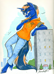 Size: 824x1134 | Tagged: safe, artist:jadedjynx, oc, oc only, oc:cobalt blaze, unicorn, anthro, unguligrade anthro, anthro oc, building, city, clothes, commission, cutie mark on clothes, giant pony, glasses, macro, male, simple background, solo, traditional art