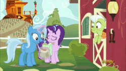 Size: 480x270 | Tagged: safe, screencap, granny smith, starlight glimmer, trixie, earth pony, pony, all bottled up, g4, animated, cinnamon nuts, discovery family logo, female, food, gif, magic override, saddle bag