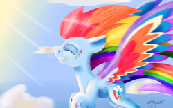 Size: 941x588 | Tagged: safe, artist:mcmeg29, rainbow dash, pegasus, pony, g4, colored wings, female, flying, multicolored wings, solo, tattoo