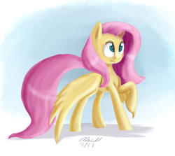 Size: 1016x907 | Tagged: safe, artist:mcmeg29, fluttershy, pegasus, pony, g4, female, looking at something, looking up, raised hoof, solo, spread wings, wings
