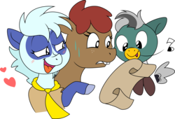 Size: 7340x5000 | Tagged: safe, artist:soren-the-owl, artist:stepandy, oc, oc only, oc:duk, oc:pandy, oc:spirit, panda pony, absurd resolution, blushing, choice, contract, scared, simple background, sweat, transparent background, vector, whistle