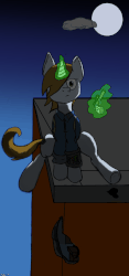 Size: 768x1641 | Tagged: safe, artist:grimdark-lindy, oc, oc only, oc:littlepip, pony, unicorn, fallout equestria, animated, building, clothes, fallout, fanfic, fanfic art, female, gif, glowing horn, gun, handgun, horn, implied death, jumpsuit, little macintosh, magic, mare, night, pipbuck, pistol, revolver, solo, suicide, telekinesis, vault suit, weapon