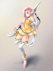 Size: 737x983 | Tagged: safe, artist:yatonokami, fluttershy, human, g4, boots, clothes, commission, cutie mark, dress, evening gloves, fantasy class, female, gloves, humanized, kusarigama, long gloves, shoes, socks, solo, thigh boots, thigh highs, weapon, wip