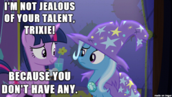 Size: 610x343 | Tagged: safe, edit, edited screencap, screencap, trixie, twilight sparkle, alicorn, pony, g4, my little pony: friendship is magic, no second prances, burn, image macro, meme, savage, twilight sparkle (alicorn)