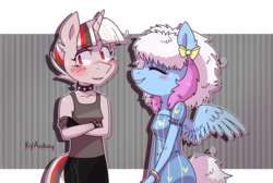 Size: 1024x688 | Tagged: safe, artist:kyaokay, oc, oc only, pegasus, unicorn, anthro, blushing, bow, choker, crossed arms, happy, simple background, spiked choker, spiked wristband, transparent background, wristband
